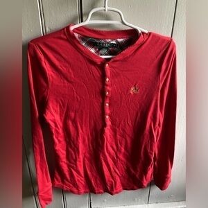 Ralph Lauren Womens M Red Long Sleeve 1/4 Button Up Pajama Top Logo Crest